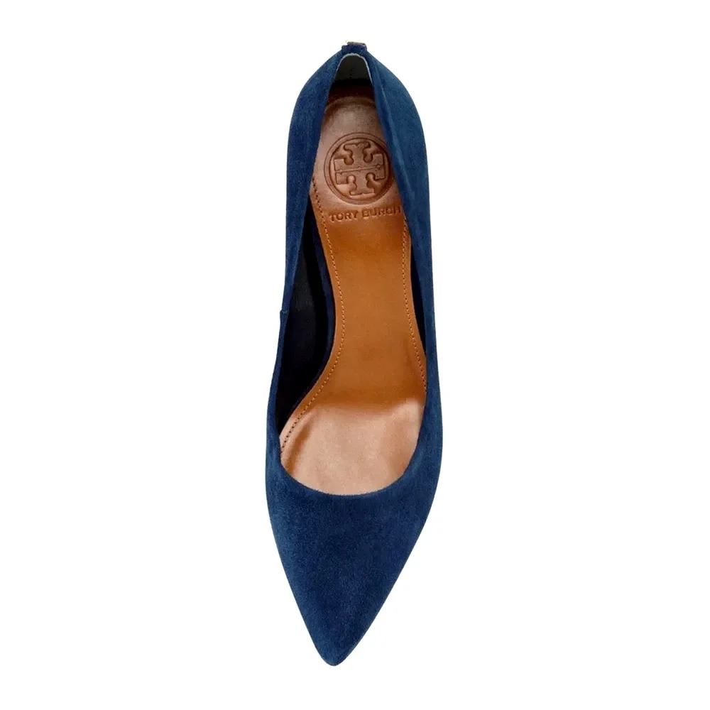 Tory Burch Ivy Low Heel Suede Pump Navy Point Toe Logo Heel Slip On 6 M